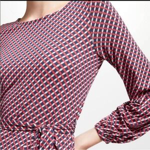 BODEN Jersey Dress Women's 10 Pink Navy Geometric Long Sleeve Ruffle Tie Waist
